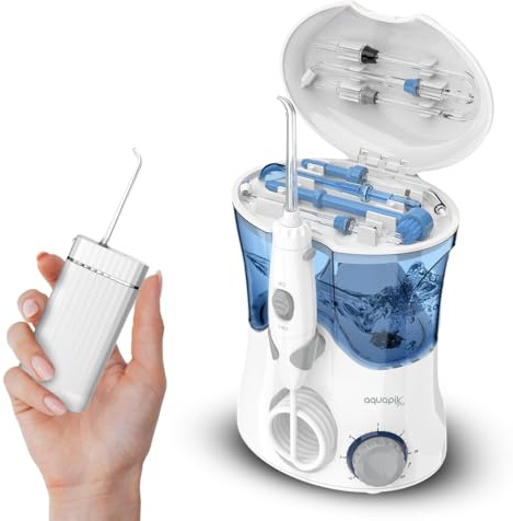 Compra inteligente de Boston Tech: Ducha de mesa Aquapik Pro Aquapik Mini en un solo paquete. Ahorra dinero y cuida tu salud bucal en casa y de viaje; cubre diversas necesidades bucales(Blanco-Blanco)