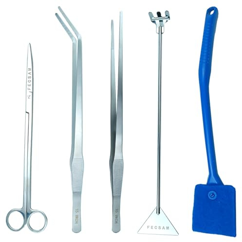 Aquarium Aquascape Tools Kit + Brush - 15 inch Stainless Steel Aquatic Tweezers/Feeding Tongs, Scissors, Spatula, Algae Scraper, Rake for Fish Tank Cleaning Scrubbing, Trimming, Terrarium Supplies
