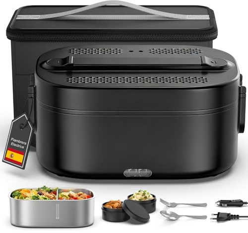 Fiambrera Electrica, 100W Taper Electrico para Comida Portatil 1,5L, 3 en 1 Electrica Trabajo 12V/24V/220V, Comida Térmico con Bolsa y Acero Inoxidable Tenedor Cuchara para Coche Camión Trabajo