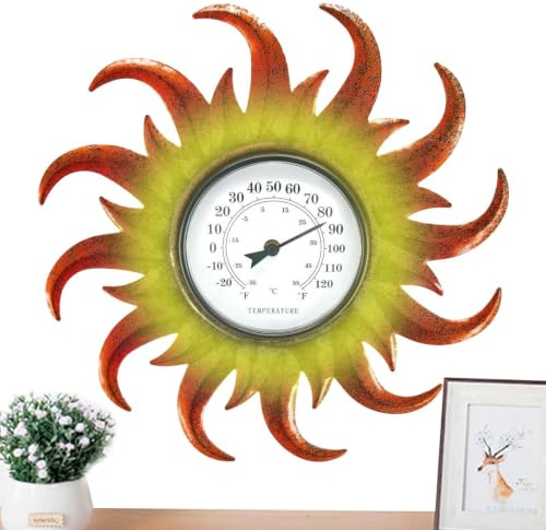 Utomhustermometer – 40 x 40 x 4 cm järn | solformad trädgårdstermometer | temperaturmätare för trädgård, terrass, heminredning och väderövervakning, väggdekoration