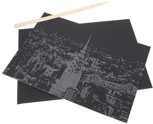 LOLIPPYY Carta da Grattare Vista Notturna Città, Set Fai da Te 2 Pezzi Penna in Bambù, Immagine da Grattare Edifici Urbani e Decorazione Casa