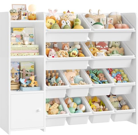 FOREHILL Porta Giochi Bambini, Organizer Giocattoli con 12 Scatole Contenitori, Scaffale Portagiochi Bambini con Scomparti Aperti, Mobile Porta Giochi, per Cameretta, 112,5x30x100cm, Bianco