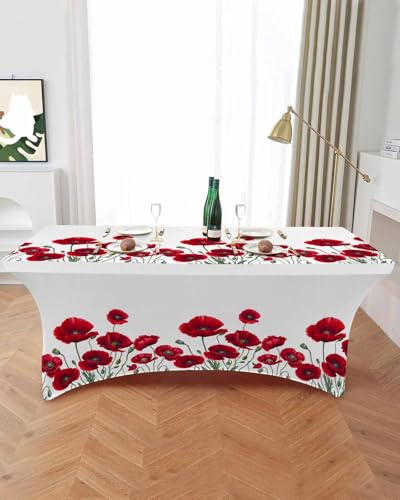 Spring Red Opium Poppy Flower Spandex Table Cover,Fitted Tablecloth for 4ft Rectangle Table Washable Elastic Stretch Patio Tablecloths,Summer Watercolor Plant Table Cloth for Cocktail Wedding Party