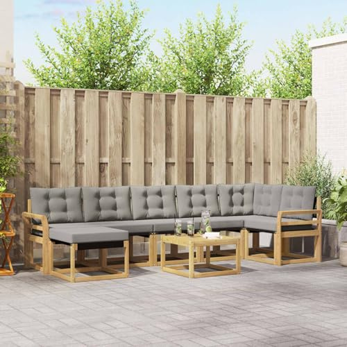 Teenpull Set di divani da esterno da 8 pezzi, bianco e grigio chiaro, con cuscini in legno di acacia e textilene, set da giardino con tavolo, gruppo seduta e sgabello, per terrazza e giardino