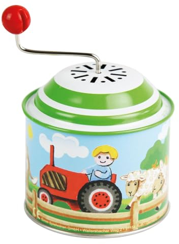 LENA 52760 Musikdrehdose Bauernhof, Musikdose ca. 10,5 x 7,5 cm, Blechdrehdose mit Melodie Old Mc Donald Has a Farm, Drehdose aus Metall, Drehorgel für Kinder ab 18 Monate, Motiv Orgel
