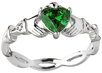 Biddy Murphy, Women's Irish Claddagh Ring 925 Sterling Silver Woven Band, Emerald Green CZ Heart Shape, Made in Ireland, Size 6.5