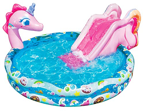 BANZAI Spray 'N Splash Unicorn Pool, Length: 78 in, Width: 60 in, Height: 32 in, Inflatable Outdoor Backyard Water Slide Splash Toy