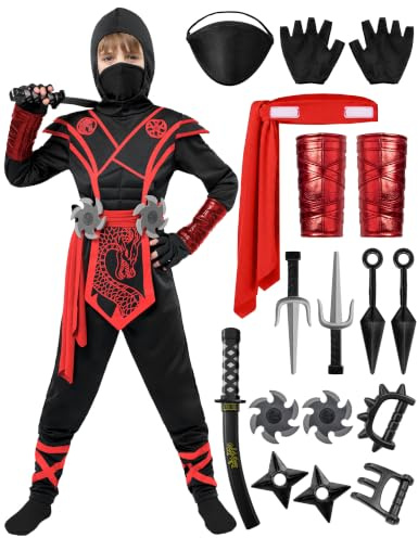 Ninja Dragon Red Costume Outfit Set for Kids Halloween Dress Up Party (Medium ( 8- 10 yrs))