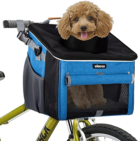 BABEYER Hundefahrradkorb, weicher Fahrradträger mit 4 Mesh-Fenstern für kleine Hunde, Katzen und Welpen - blau
