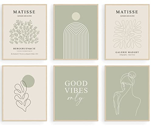 Stampe artistiche Matisse verde salvia, poster astratto, poster minimalista per donne, linee del corpo con foglie, decorazione da parete (20,3 x 25,4 cm, senza cornice)