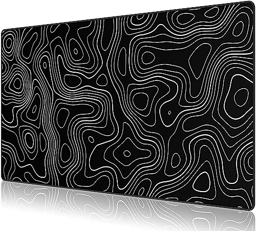 Anpollo Tappetino per mouse Large Gmaing con bordi cuciti, tessuto a microtessitura superiore, base antiscivolo, dimensioni 35,4 X 15,7X 0,12 pollici - contorno topografico nero