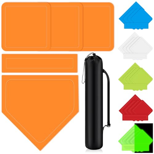 Hiboom 5 Pcs Baseball & Softball Base Set with Portable Carrying Bag 3 Throw Down Bases 1 Homeplate 1 Pitching Rubber for Kickball Softball Backyard Playground Practice Adults(Orange)