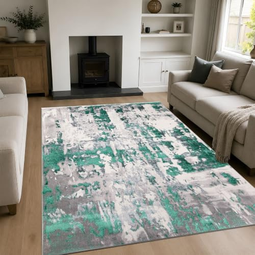renoazul® Turkish Pattern Washable Living Room Rug, 6 ft 7 in x 9 ft 6 in, 200 x 290 cm, Abstract Emerald, Jute Back Area Rug for Hall, Bed, Dining and Sitting Room
