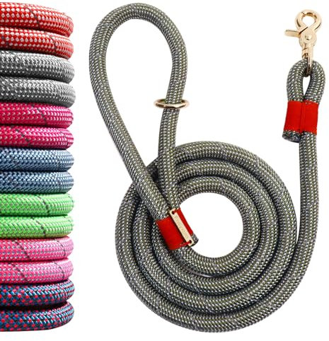 Fnsyxpm Nylon Rope Dog Leash Reflective, Handmade Braided Strong Dog Lead, Heavy Duty Rope Leash for Medium Large Dogs, 5 FT - 3/5, Silver Grey