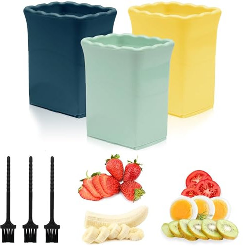 3 Pack Strawberry, Egg, Cup Slicer - Sharp Stainless Steel Blade for Soft Fruits - Banana, Kiwi - Quick Fruit Salad Maker (Yellow/Green/Navy Blue)