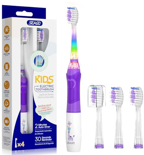 Seago brosse à dents électrique enfant avec LED colorée, minuteur 2 Min, 4 têtes remplaçables, brosse a dent enfant pour 3-12 ans, SG977 (Violet)