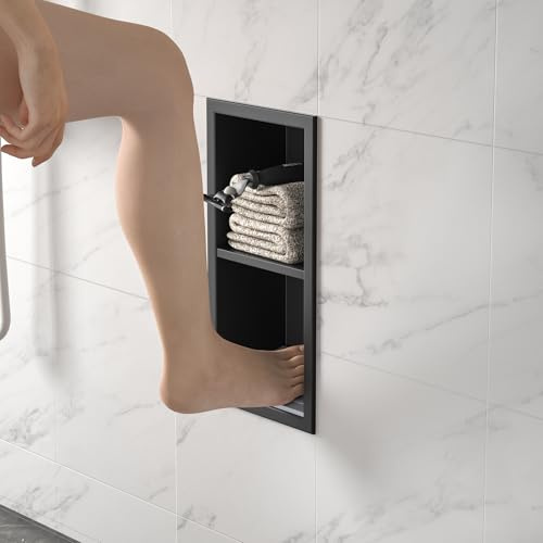 Bernkot Shower Niche, 304 Stainless Steel Wall Recess with Shelf, Matt Black, 31 cm x 12 cm, for Bathroom, Built-In Bathroom Footrest w/Over Mount Installation, No Tiles Required