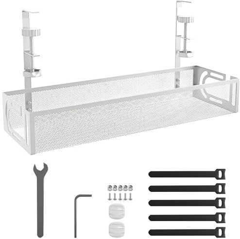 Rppiup Under Desk Cable Management Tray, No Drill Steel Cable Management Under Desk tray, Hollow Sturdy Metal Mesh Table Wire Organiser No Damage to Table, for Office Home Kitchens