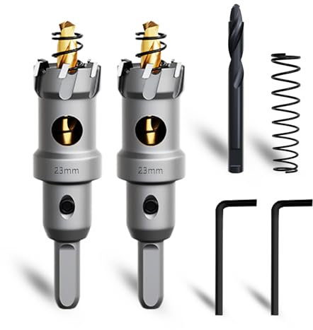 METOTY 2 sierras perforadoras de metal de 23 mm, de carburo duro, con una broca adicional de guía de pasos nitrurada gratis y llave en L, para acero, hierro, aluminio y metal