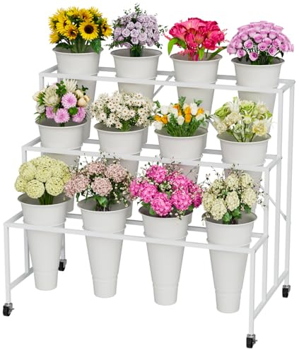 NEYCIL Flower Stand, 3-Tier Flower Display Stand with Buckets for Indoor Outdoor, Flower Cart Display Stand with Wheels for Courtyard, Balcony, Flower Shop, Wedding, Party, Exhibition, White