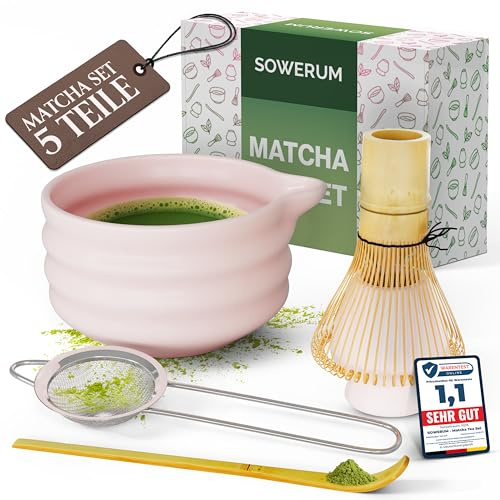 SOWERUM® Matcha Set Rosa und [EXTRA ROBUSTEM] Matchabesen Spülmaschinenfest, Matcha Besen, Bambus Löffel,Whisk, Matcha Bowl, Matchaset, 5-teilig Schale mit Ausgießer, Macha Tea Set für Starter