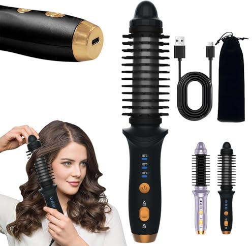 Cordless Hot Brush for Short Hair - Heated Round Curler & Thermal Curling Iron for Women, USB Mini Hair Straightener Portable Curling Brushes, Curly Straight Hair Travel Heat Styling (Black)
