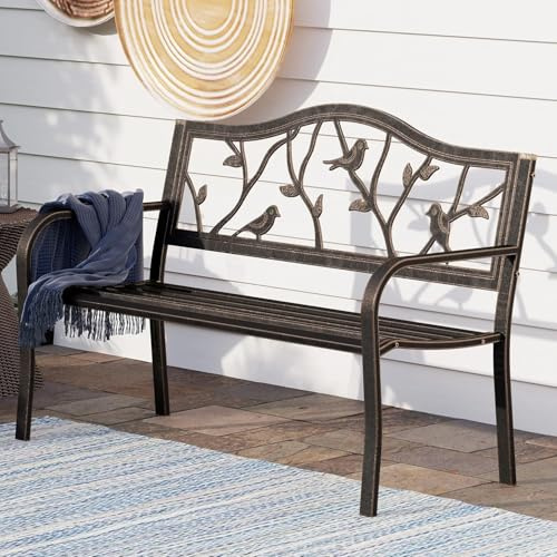 PHI VILLA Garden Bench Metal Steel Frame 2-3 Seater Outdoor Bench with Floral Cast Iron Backrest for Park, Garden and Patio Bronze