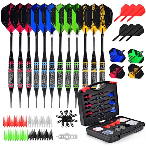 Dartpfeile Elektronische Dartscheibe,Dartpfeile Soft,Kunststoffspitze,12 Stück à 18 Gramm mit 120 Ersatzspitzen,6 Dartflügeln, Flight Protector, Aufbewahrungskoffer, Dart für elektronische Dartscheibe