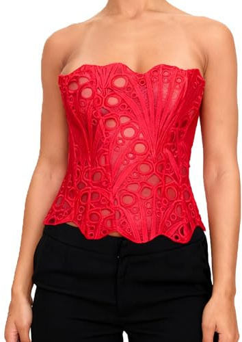 Nicoxijia Corset Tops for Women Floral Hollowed Strapless Lace Crop Top Y2K Sexy Going Out Irregular Hem Shapewear Bustier (Red B, M)
