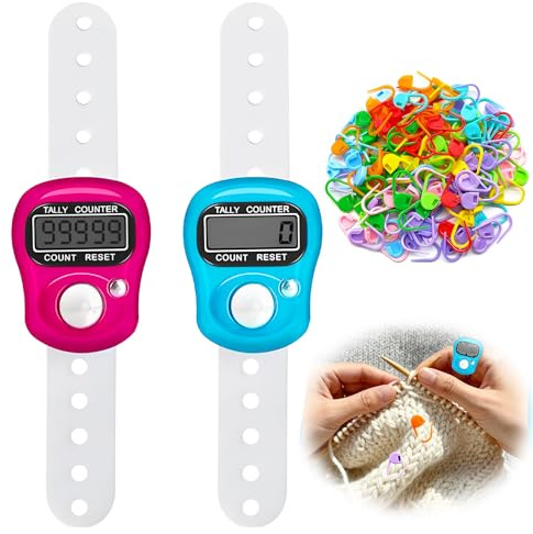 Dupoem Lot de 2 Compteurs à Doigts, Compteurs Électroniques à Anneaux, Mini Compteurs Numériques Manuels, Incluant 50 Marqueurs pour Tricot et Crochet de Couleur, Adaptés au Tricot et au Golf