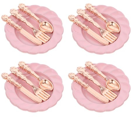 GARVALON Lot de 4 Sets de Mini Assiettes en Alliage Rose Doré 12 Couverts Miniatures pour Maison de Poupée Vaisselle Miniature Décorative pour Accessoires la Cuisine