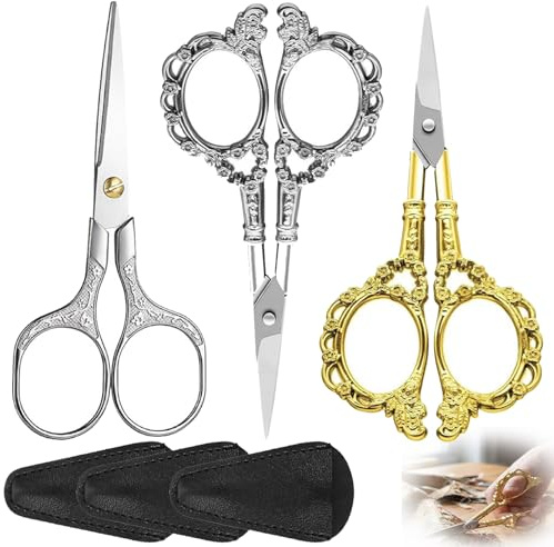 3 Pcs Embroidery Scissors Stainless Steel Small Craft Craftscissors with Fake Leather Cover for Needlework, Thread Cutting, Handicrafts & DIY Projects Vintage Pattern