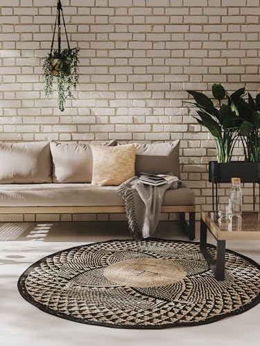 benuta Nest In- & Outdoor Teppich Artis - Schwarz 160 cm Rund - Strapazierfähig für Balkon, Terrasse, Garten - Küchenteppich & Wohnzimmerteppich - Botanical, Floral, Shabby Chic, Vintage, Abstrakt