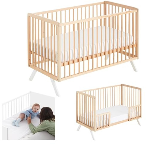 Cuna Colecho de Bebé Koala Estilo Nórdico Natural 120x60 cm, de Madera de Haya, Convertible en Cama con Barandillas Naturales Incluidas CoolDreams