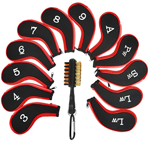 13 Pcs Golf Iron Head Cover with Golf Club Brush,Number Print Golf Iron Covers with Long Zipper Neck,Golf Iron Protector Wedge Headcovers,for Nike,Callaway,Taylormade,Titleist(Red)