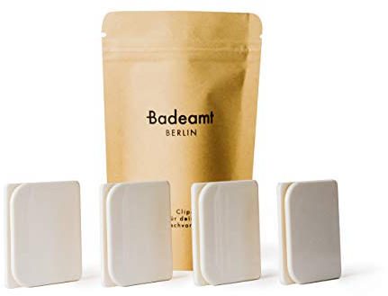 Badeamt Berlin - Duschvorhang Clips, Weiß, 4 Stück, Selbstklebend, für deinen Duschvorhang - Anti Splash- / Spritzschutz für die Dusche, cleveres Zubehör für Dein Badezimmer
