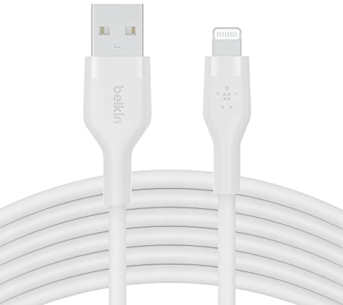 Belkin BoostCharge Flex Silicone USB Type A to Lightning Cable (3M/10FT), MFi Certified Charging Cable for iPhone 14/14 Plus, 13, 12, Pro, Max, Mini, SE, iPad and More – White