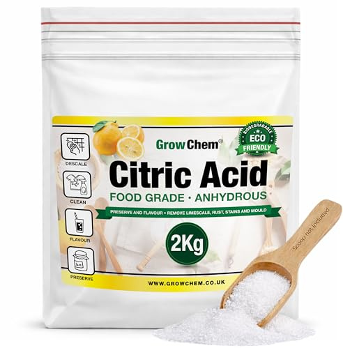 Grow Chem Citric Acid (2Kg Bag) – Pure Anhydrous, Food Grade for Cleaning, Descaling, Food Preservation, Flavouring and making Bath Bombs.
