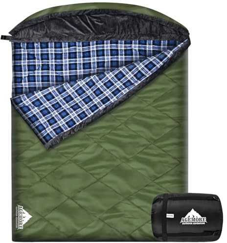 AGEMORE Doppelschlafsack für Erwachsene Baumwolle Flanell 2 Person Schlafsack für Kaltes Wetter Camping, Queen Size wasserdicht Deckenschlafsäcke mit Fleece Futter Kapuze, 3-4 Jahreszeiten