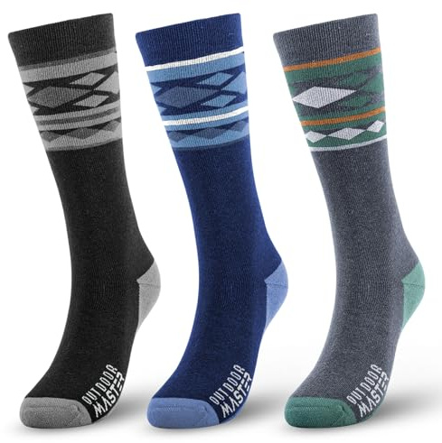 OutdoorMaster Lot de 2 paires de chaussettes de ski unisexes en laine mérinos pour homme/femme (OTC) avec revers antidérapants, chaussettes thermiques pour l'hiver, le snowboard, A-Gris + Noir + Bleu,