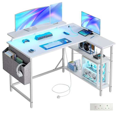 DOMSHOCT L Shaped Gaming Desk with LED Lights & Power Outlets, 120 * 80cm Corner Computer Table with Storage Bag & Adjustable Shelves & Large Monitor Stand, Home Office Study Workstation, White