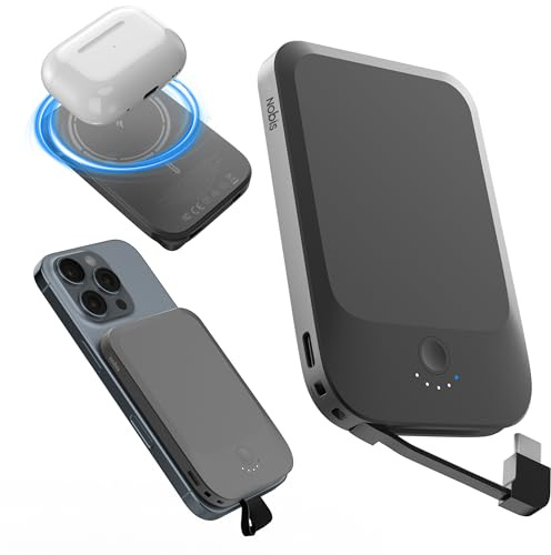 Nobis Slim Magnetisk Powerbank 5000mAh Med Inbyggd Kabel | Portabel Batteribank med Snabbladdning QC 3.0 22.5W PD, USB C In/Ut,för MagSafe 15W Trådlös Powerbank för iPhone 16, Samsung