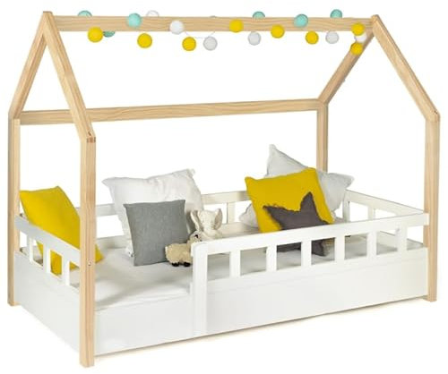 IDMarket - Lit cabane Enfant 80 x 160 CM NEREE Blanc et hêtre avec sommier et barrières