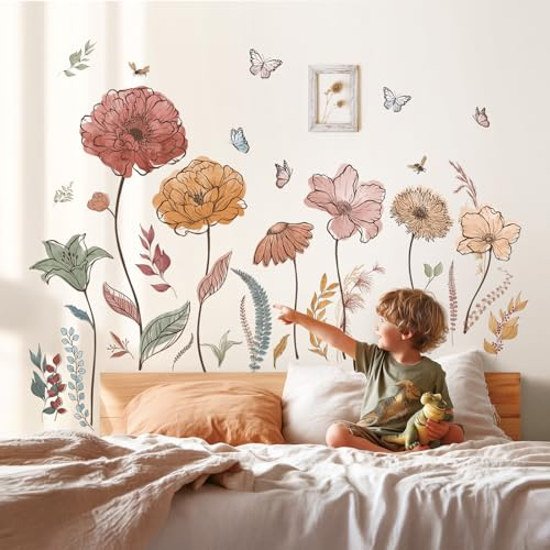 DECOWALL Autocollants muraux Boho Wildflower - Pour salon, chambre à coucher, chambre d'enfant, bureau et décoration d'intérieur (SG2-2420)