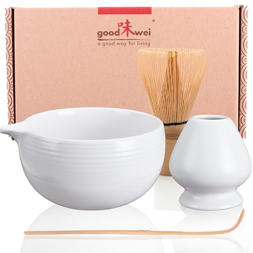 Goodwei Matcha Set mit Matchabesen, Löffel und Matcha Schale mit Besenhalter aus Keramik im passenden Design | Kunstvoll gefertigte Matchaschale Chawan mit Ausgießer, 450 ml (Camellia White)