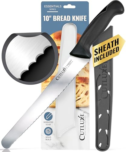 Cutluxe Bread Knife with Cover – 10 Razor-Sharp Serrated Stainless Steel Blade, Ergonomic Anti-Slip Handle – Perfect for Sourdough & Homemade Bread