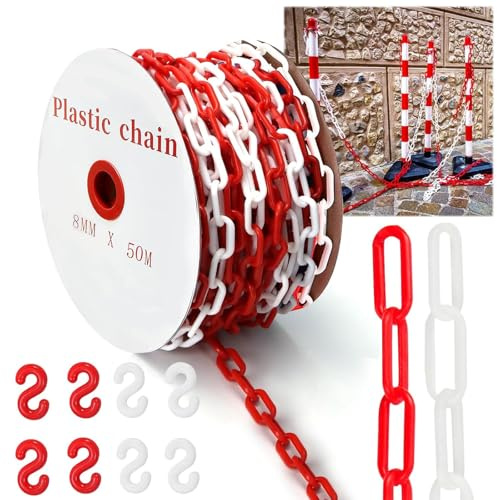 Cadena de plástico de 50 m, color rojo y blanco, cadena de advertencia de 8 mm, cadena de plástico con 8 mosquetones para barreras en entradas, lugares de trabajo y garajes