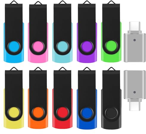 WesData 10 Pack 8GB Flash Drives with 2 USB C Adapters, Thumb Drive, Memory Stick Compatible with PC, Laptops, Mac and Adapters for USB C Devices (10 Mixed Color)