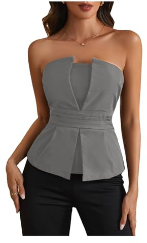 winkbay Women's Ruched Strapless Tube Top Elegant Asymmetrical Fitted Party Tops Grey Medium