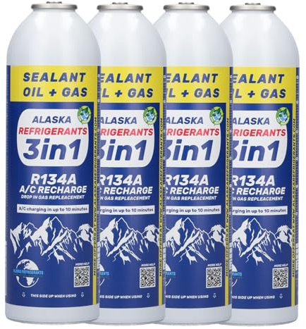 4 x Alaska Refrigerants 3 en 1 R134a refrigerante de repuesto con aceite PAG 100 y sellador